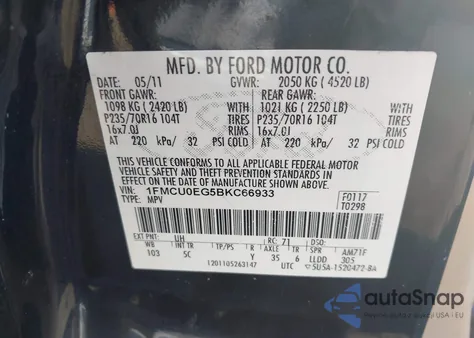 2011 Ford Escape Limited from USA, damaged, VIN 1FMCU0EG5BKC66933